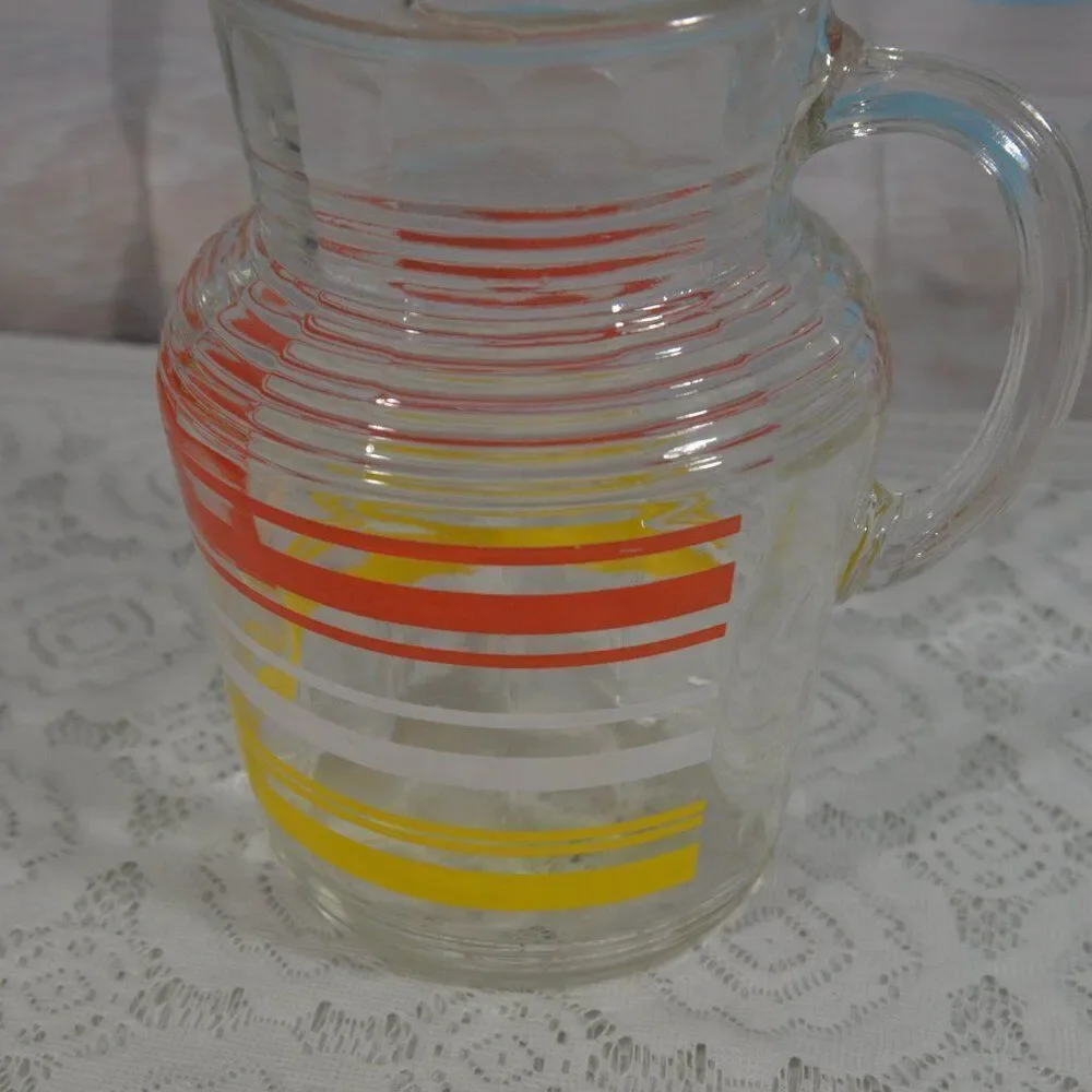 Hazel Atlas Clear Striped Glass Ice Water Pitcher Orange White Yellow Stripes